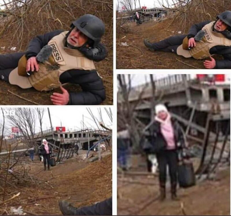 bbc reporter pretending to take cover in ukraine.jpg