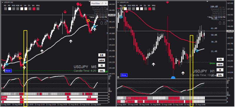 The candle marked on the 1h chart is the last closed candle before the buy trade you made.