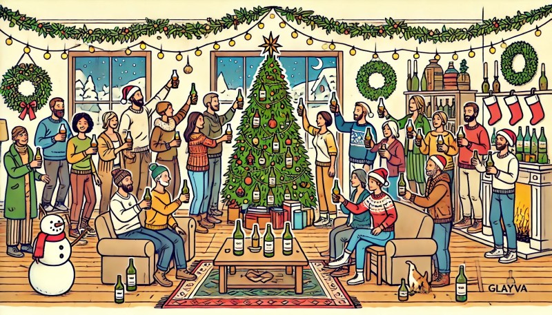 DALL·E 2024-12-26 23.26.43 - A corrected simple and colorful line art illustration of a festive Christmas-themed scene for Glayva Day. The image features a diverse group of people.jpg